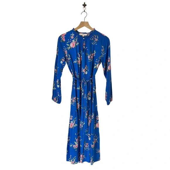 Loft Floral Tiered Maxi Dress Blue Long Balloon Sleeve Belted Full Length Size 2 - Picture 2 of 12